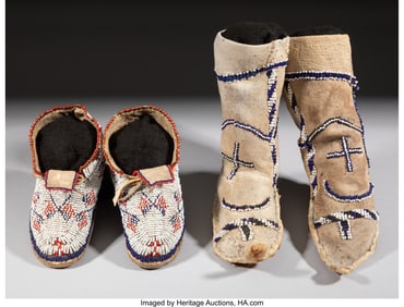 70206&colon; Two Pairs of Plains Child's Beaded Hide Moccasin