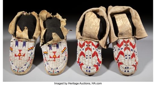 70207&colon; Two Pairs of Sioux Beaded Hide Moccasins  c&period; 191
