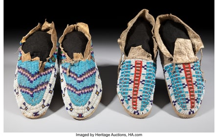 70210&colon; Two Pairs of Sioux Beaded Hide Moccasins  c&period; 190