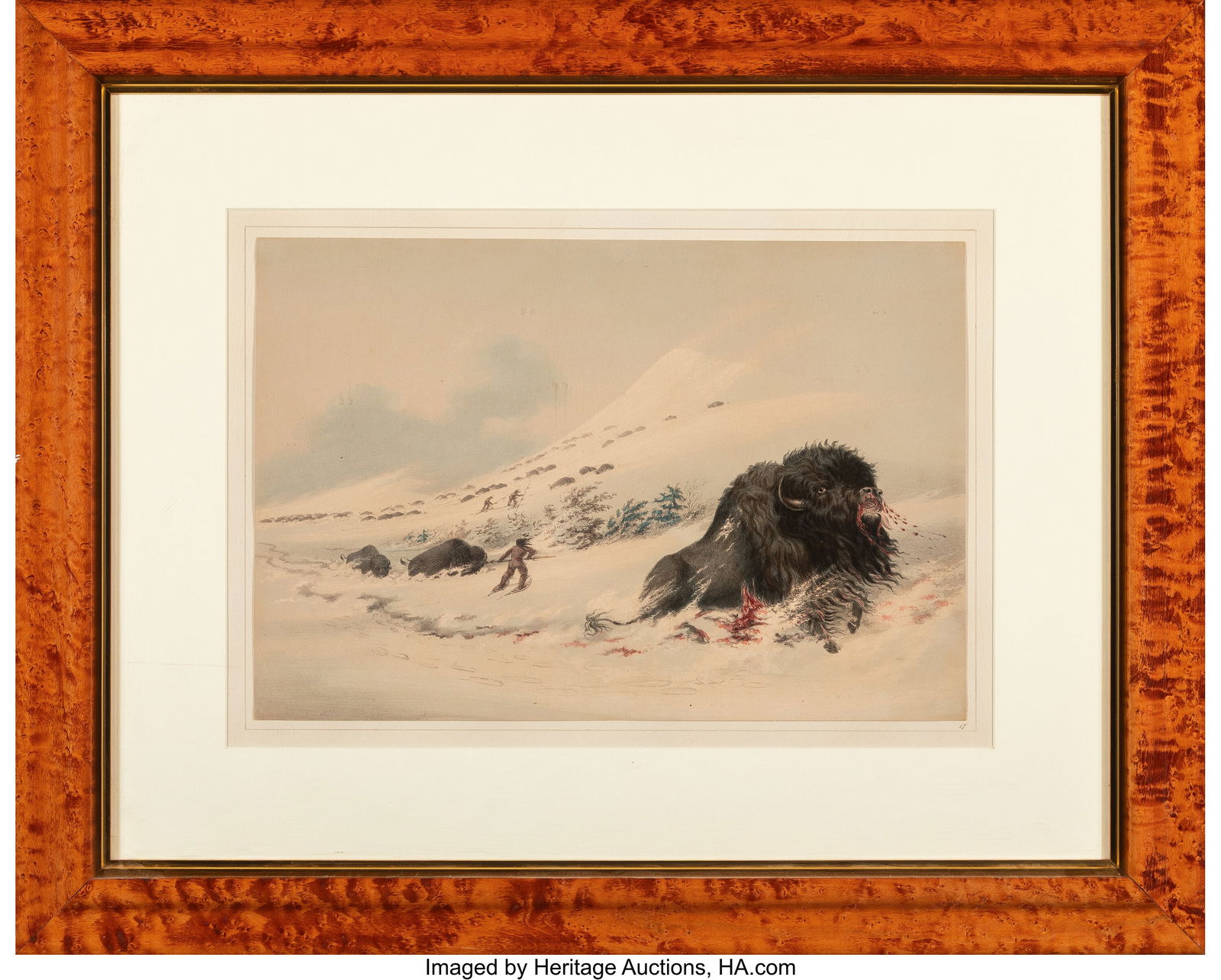 Three Lithographs on Paper After George Catlin: Three Lithographs on Paper After George Catlin (American, 1796-1872) Buffalo Hunt, White Wolves Attacking A Buffalo Bull (Plate 10), from North American Indian Po