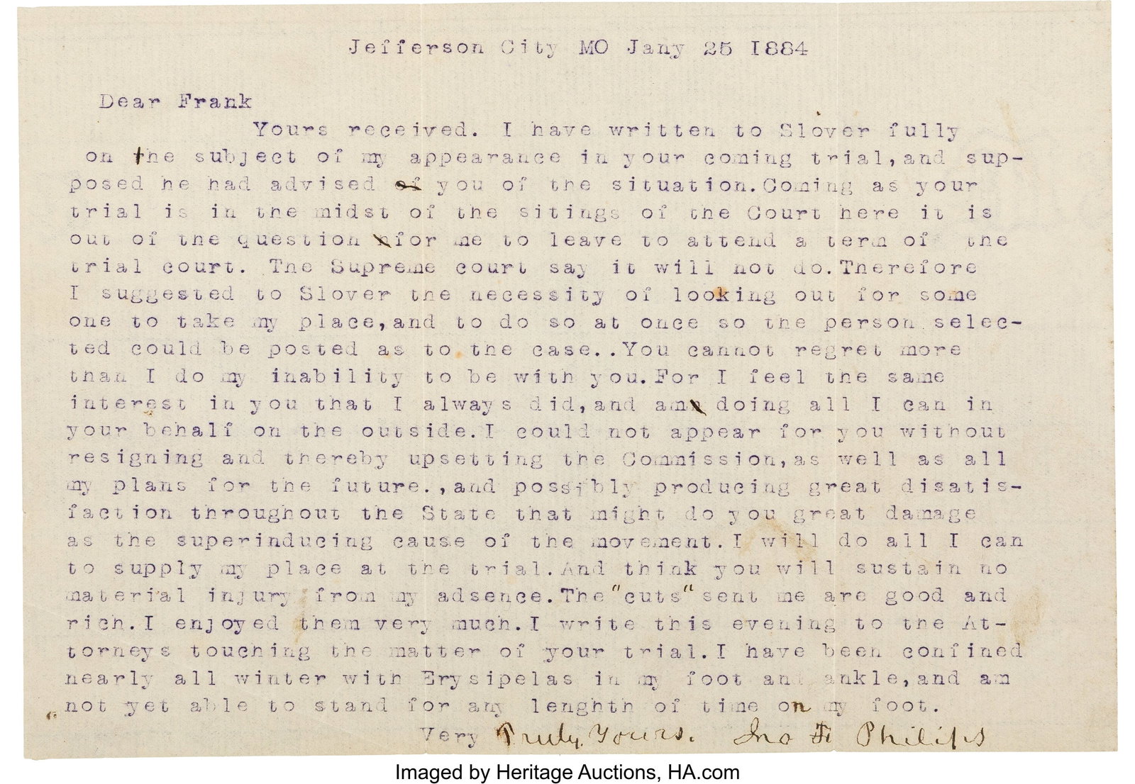 An 1884 Typed Letter Signed From Frank James' At: An 1884 Typed Letter Signed From Frank James' Attorney Typed letter, Jefferson City, Missouri, January 25, 1884, sent by Jonathan F. Philips to Frank James, 