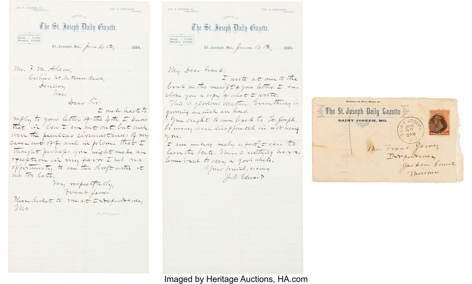 1884 John Newman Edwards Autograph Letters Signe: 1884 John Newman Edwards Autograph Letters Signed with a Frank James Autograph The first letter is one page, 5 &frac12; x 11 inches, St. Joseph [Missouri]&comma