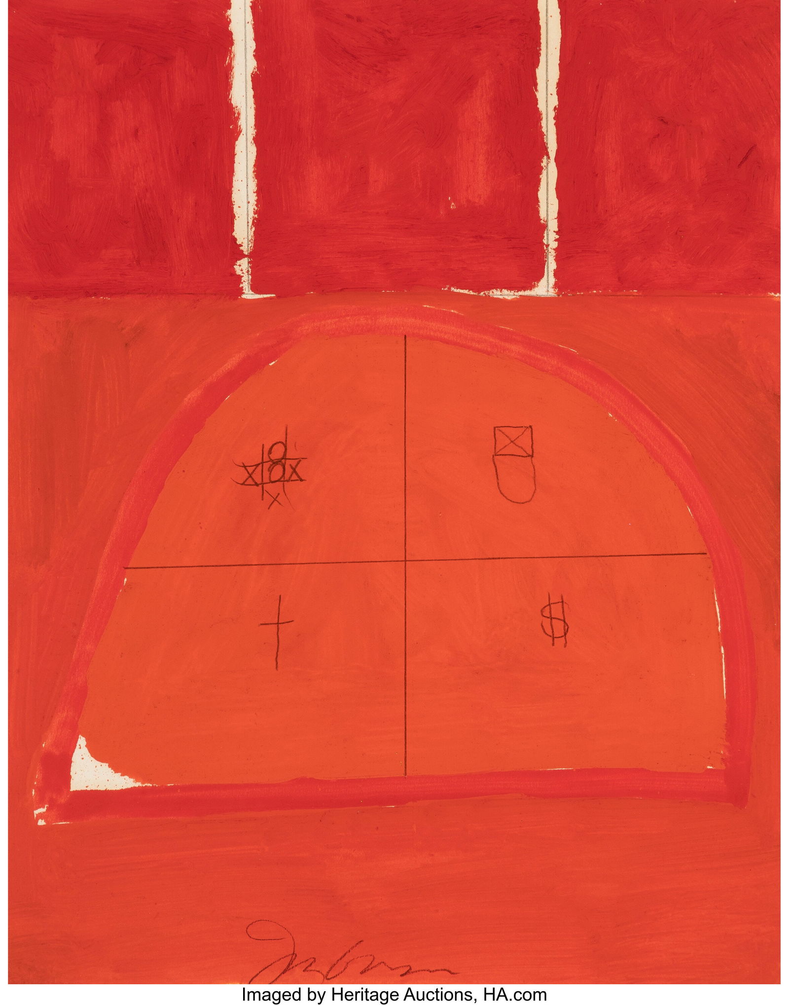 Joe Goode (1937-2025) Money Bag Drawing, 1960 Oi: Joe Goode (1937-2025) Money Bag Drawing, 1960 Oil and pencil on paper 10 x 7-3/4 inches (25.4 x 19.7 cm) (sheet) Signed lower center: Joe Go