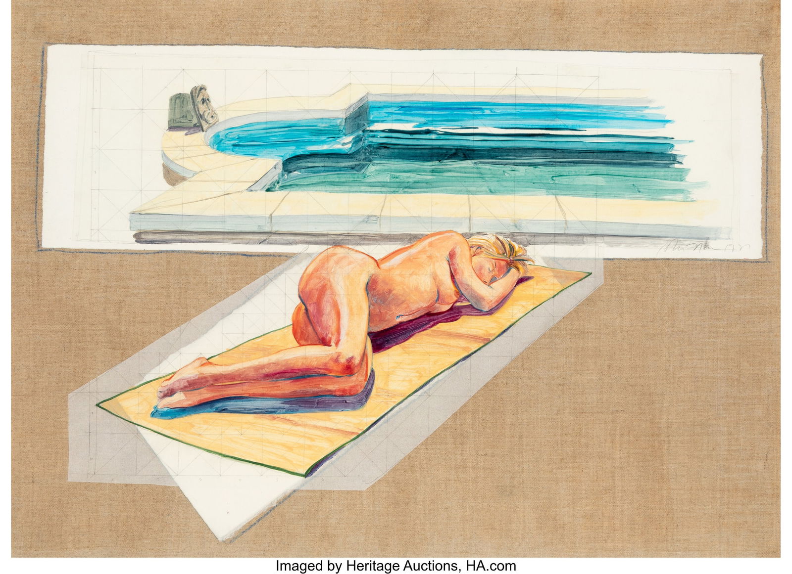 John Nava (b. 1947) Jessica Sunbathing (Menorca): John Nava (b. 1947) Jessica Sunbathing (Menorca), 1987 Oil and collage on linen 16-1/2 x 23 inches (41.9 x 58.4 cm) Signed upper center rig