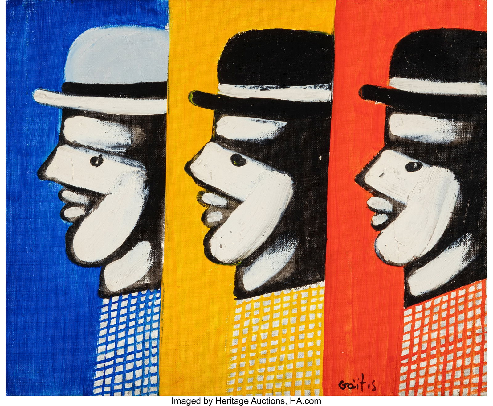 Yannis Gaitis (1923-1984) Untitled (Three Men wi: Yannis Gaitis (1923-1984) Untitled (Three Men with Hats) Oil on canvas 13 x 15-3/4 inches (33.0 x 40.0 cm) Signed lower right: Gaitis PROVENANCE&c