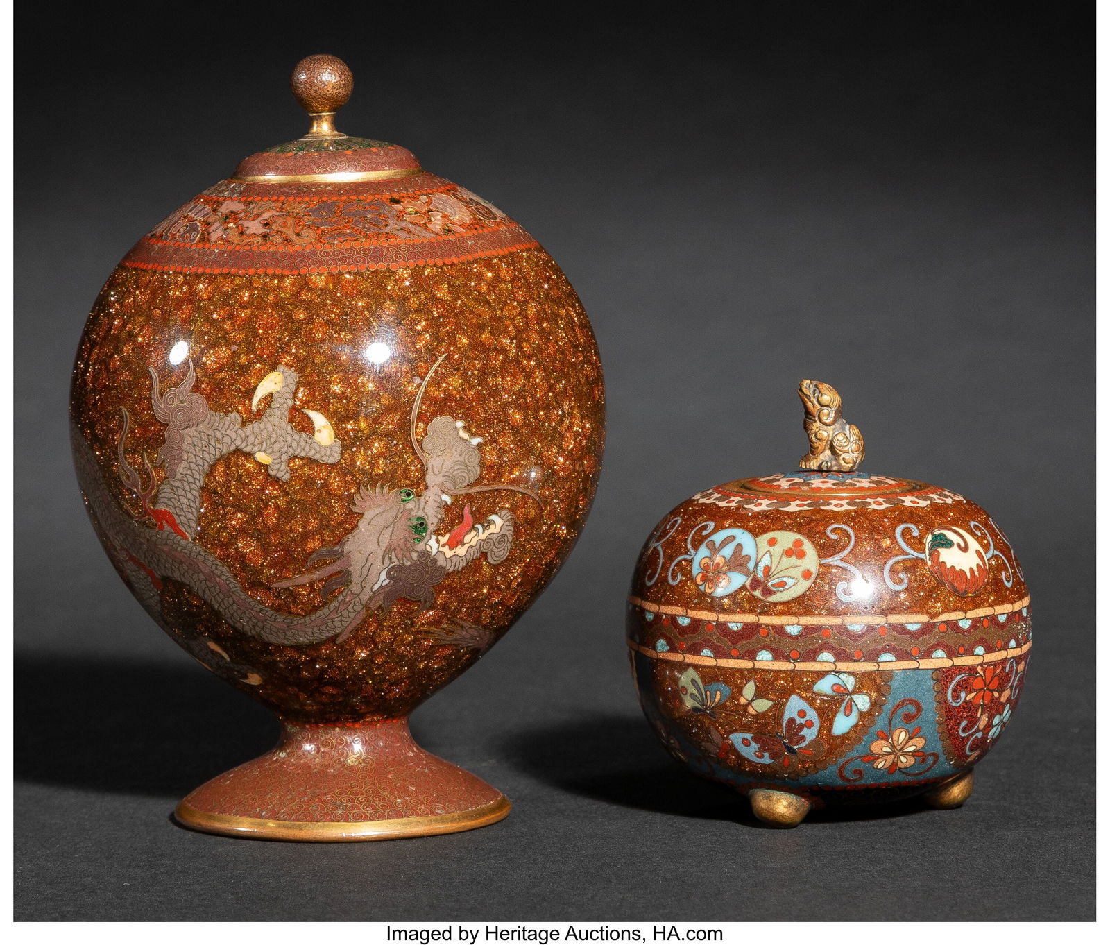 Two Japanese Cloisonné Enamel and Goldstone Bul: Two Japanese Cloisonné Enamel and Goldstone Bulbous-Form Jars, Meiji period 5-1/8 x 3-3/8 x 3-3/8 inches (13 x 8.5 x 8.5 cm) (tallest) HID031