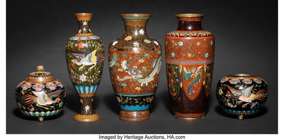 29006&colon; Five Japanese Cloisonné Enamel and Goldstone Ta