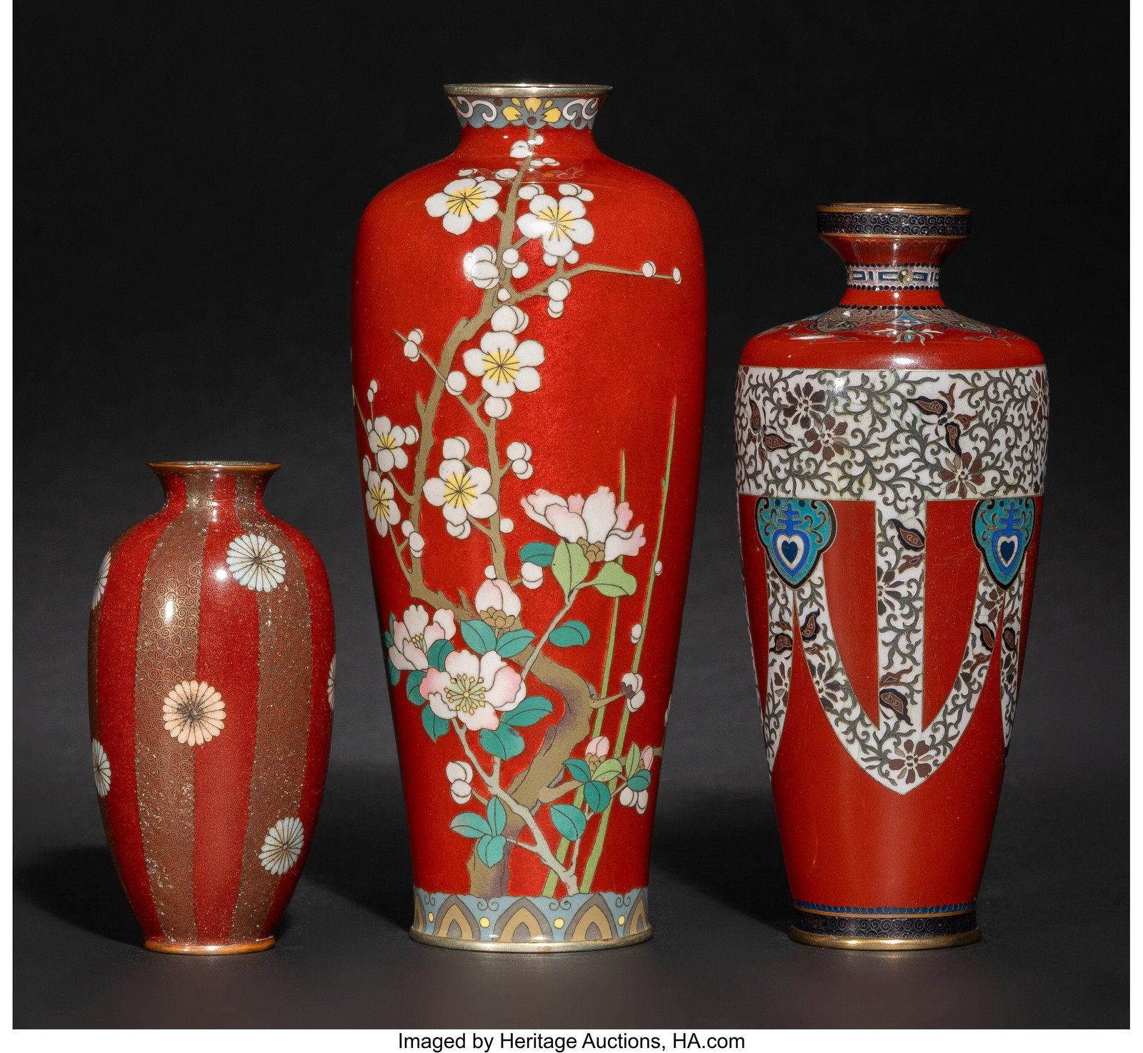 A Hayakawa Komejiro Cloisonné Enamel Vase and T: A Hayakawa Komejiro Cloisonné Enamel Vase and Two Japanese Cloisonné Enamel and Goldstone Vases, Meiji period Marks to one: (three-character mark) 7-3/8 x 2-3&s