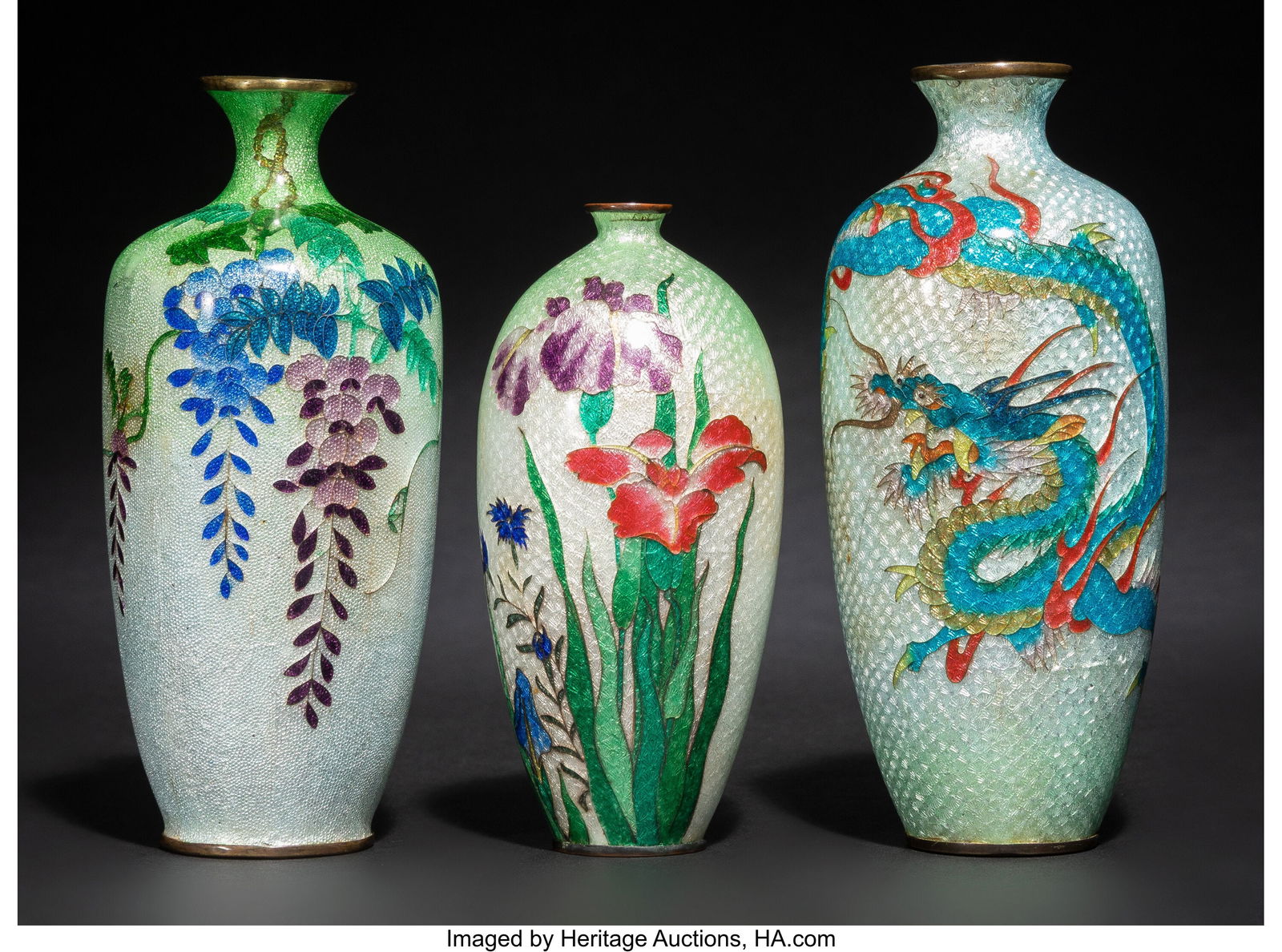Three Japanese Ginbari Cloisonné Enamel Vases, (1 of 3)