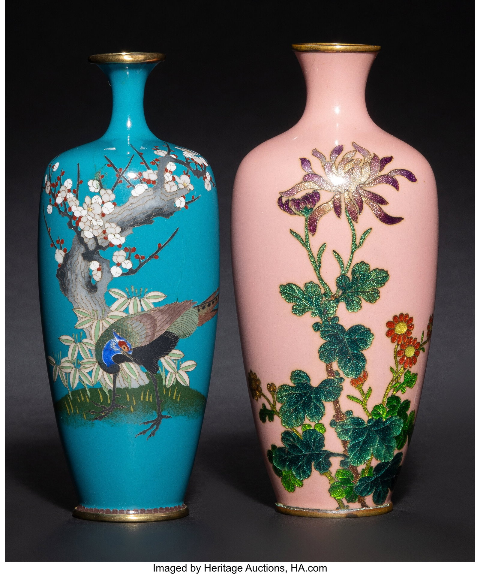 Two Japanese Cloisonné Enamel Vases, Meiji peri: Two Japanese Cloisonné Enamel Vases, Meiji period 6-1/8 x 2-5/8 x 2-5/8 inches (15.6 x 6.7 x 6.7 cm) (each, approximately) HID03