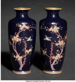 29021&colon; A Pair of Japanese Cloisonné Enamel Vases&comma; Meij