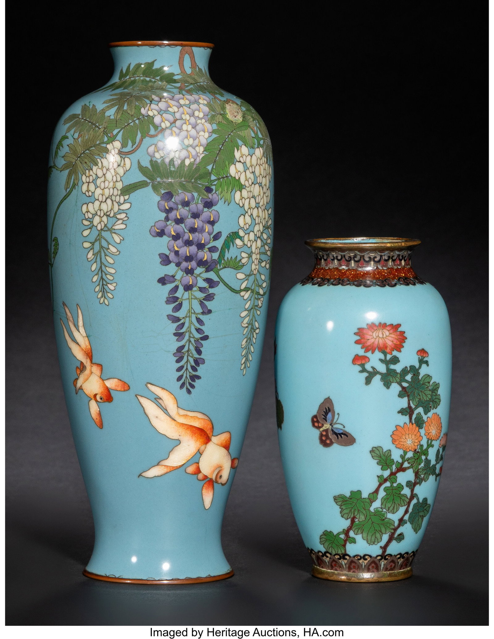 Two Japanese Cloisonné Enamel and Goldstone 'Wi: Two Japanese Cloisonné Enamel and Goldstone 'Wisteria' Vases, Meiji period 9-3/4 x 3-3/4 x 3-3/4 inches (24.8 x 9.5 x 9.5 cm) (tallest&rpar