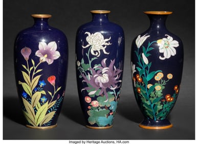 29032&colon; Three Japanese Cloisonné Enamel Vases&comma; Meiji pe