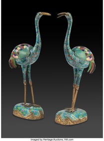 29033&colon; A Pair of Chinese Cloisonné Enamel Cranes&comma; earl