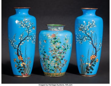 29034&colon; Three Japanese Blue-Ground Cloisonné Enamel Flo