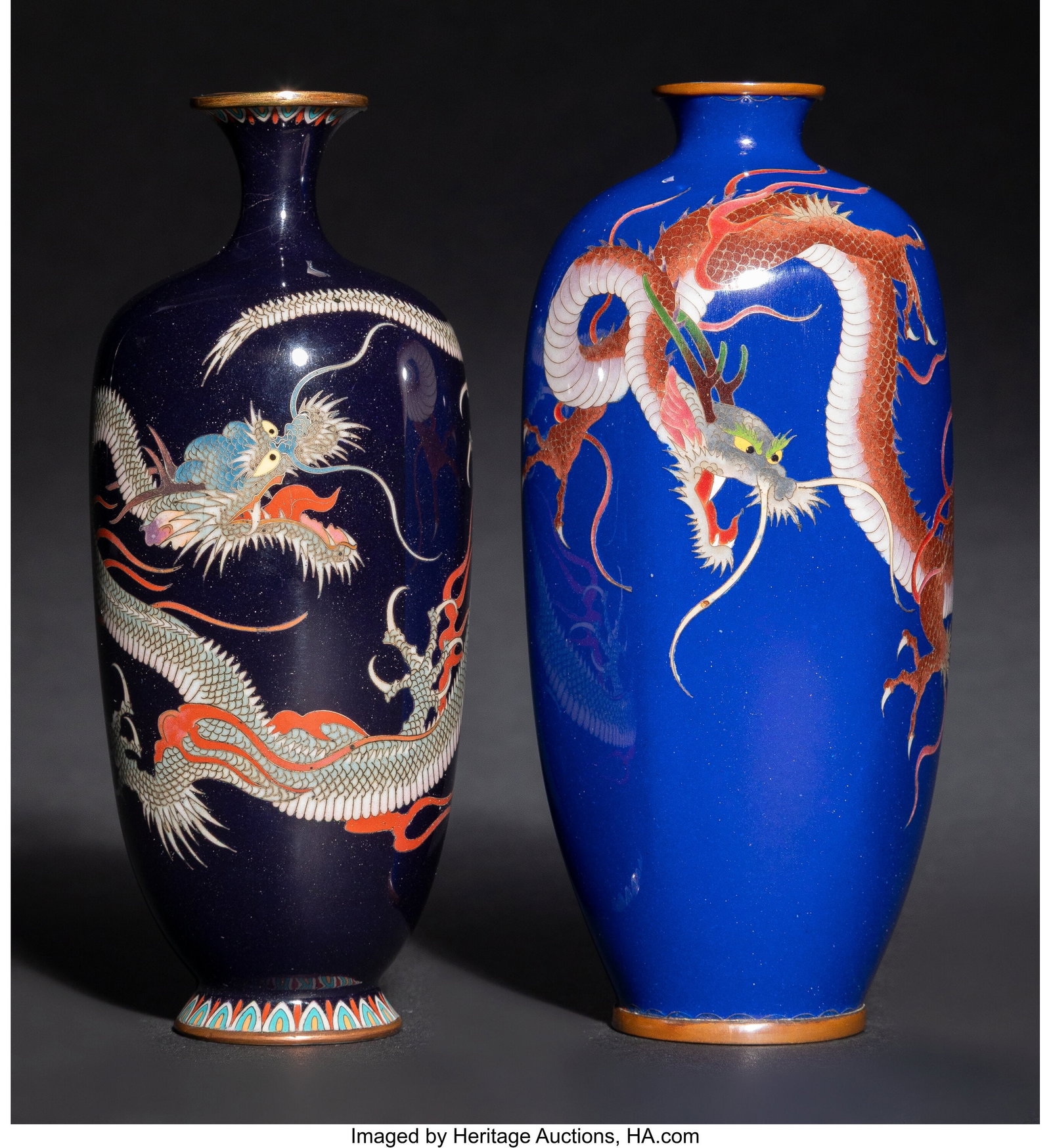 Two Japanese Cloisonné Enamel 'Dragon' Vases, M: Two Japanese Cloisonné Enamel 'Dragon' Vases, Meiji period 6-1/8 x 2-5/8 x 2-5/8 inches (15.6 x 6.7 x 6.7 cm) (each, approximately&rp