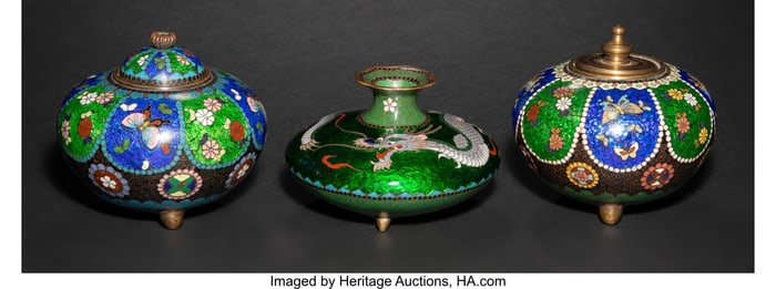 29042&colon; Three Japanese Green-Ground Cloisonné Enamel Va