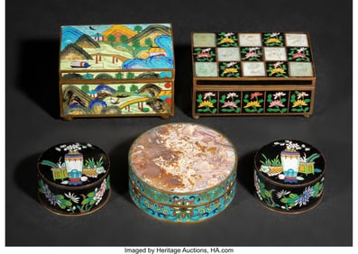 29045&colon; A Group of Five Asian Hardstone-Inlaid Cloisonné Enamel Covered Boxes, 20th century