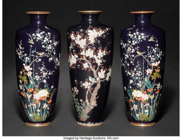 29049&colon; Three Japanese Cloisonné Enamel Vases&comma; Meiji pe