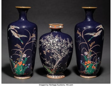 29050&colon; Three Japanese Dark Blue Ground Cloisonné Ename