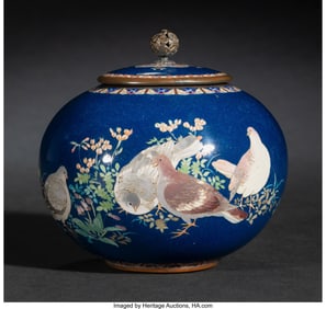 29058&colon; A Japanese Blue Ground Cloisonné Enamel 'Doves'