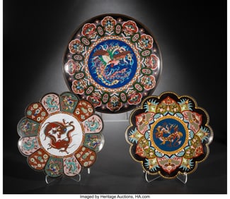 29066&colon; Three Japanese Cloisonné Enamel Plates&comma; Meiji p