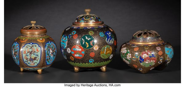 29067&colon; Three Japanese Cloisonné Enamel Koros&comma; Meiji pe