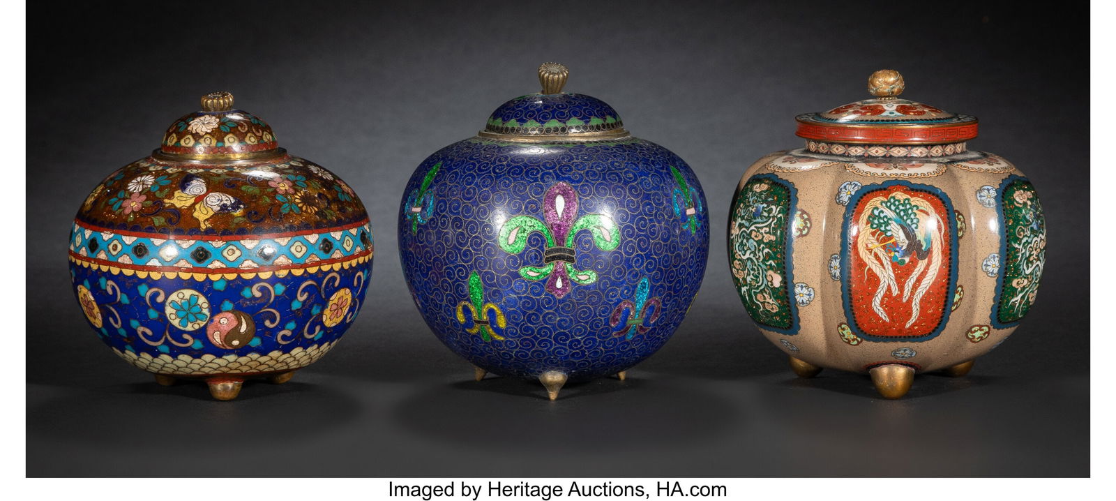 Three Japanese Cloisonné Enamel Covered Jars, M: Three Japanese Cloisonné Enamel Covered Jars, Meiji period 5-1/4 x 4-5/8 x 4-5/8 inches (13.3 x 11.7 x 11.7 cm) (each, approximately&
