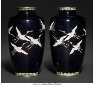 29070&colon; A Pair of Japanese Cloisonné Enamel 'Crane' Vas