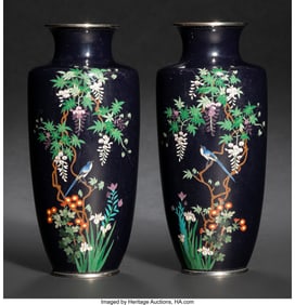29071&colon; A Pair of Japanese Cloisonné Enamel Floral Vase