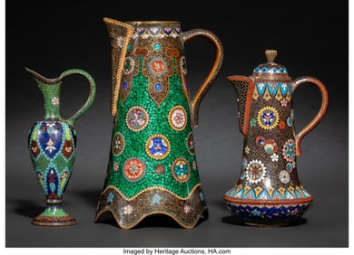 29074&colon; Three Japanese Cloisonné Enamel Ewers&comma; Meiji pe