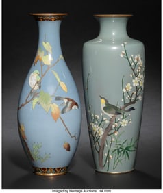 29078&colon; Two Japanese Cloisonné Enamel Blue Vases&comma; Meiji