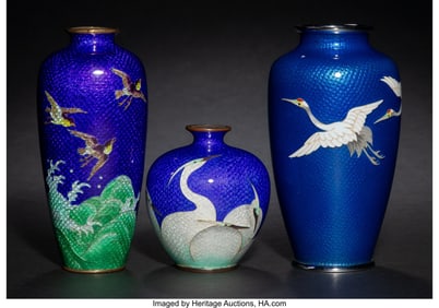 29080&colon; Three Japanese Ginbari Cloisonné Enamel Blue Gr