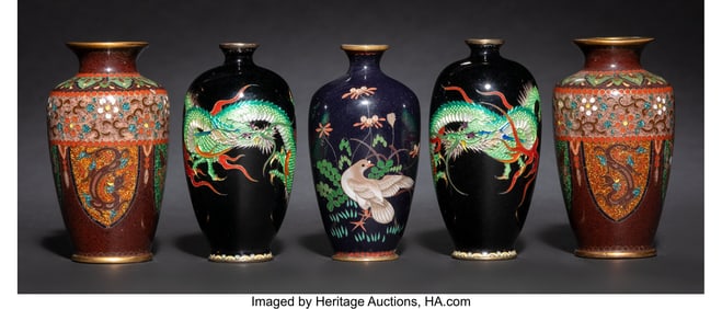 29083&colon; Five Small Japanese Cloisonné Enamel Vases&comma; Mei