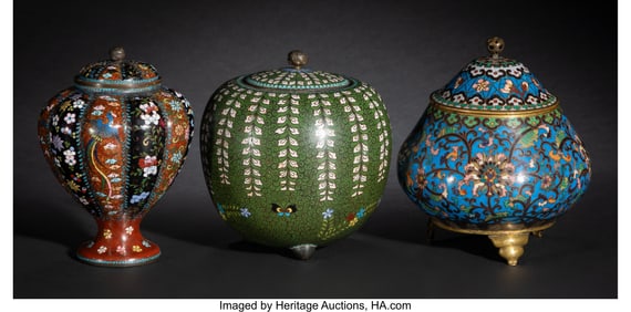 29095&colon; Three Japanese Cloisonné Enamel Covered Jars&comma; M