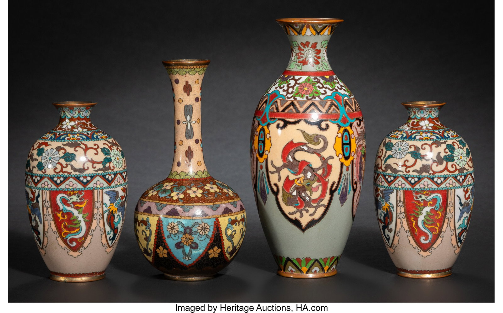 Four Japanese Cloisonné Enamel Vases, Meiji per: Four Japanese Cloisonné Enamel Vases, Meiji period 7-1/4 x 2-7/8 x 2-7/8 inches (18.4 x 7.3 x 7.3 cm) (tallest) HID03101062020 © 