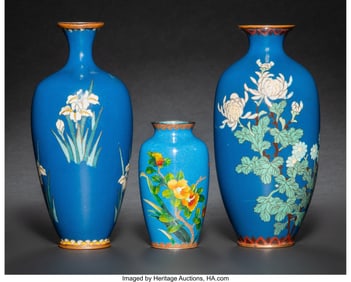 29101&colon; Three Japanese Blue-Ground Cloisonné Enamel Vas