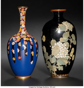29104&colon; Two Japanese Cloisonné Enamel Floral Vases&comma; Mei