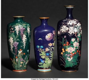 29107&colon; Three Japanese Cloisonné Enamel Vases&comma; Meiji pe