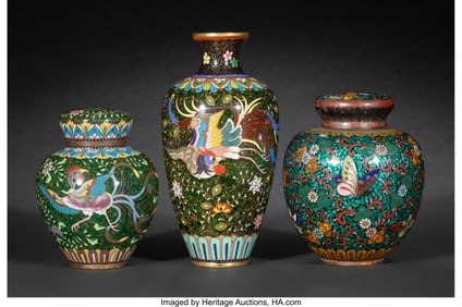 29109&colon; Three Japanese Cloisonné Enamel and  Goldstone 
