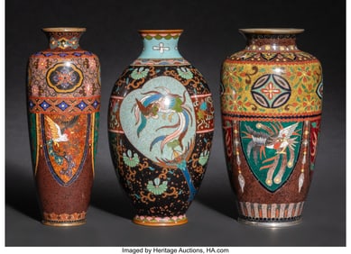 29114&colon; Three Japanese Cloisonné Enamel Vases&comma; Meiji pe