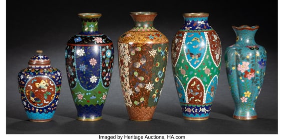 29117&colon; Four Japanese Cloisonné Enamel Vases and A Cove