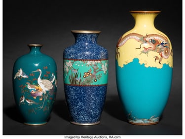 29118&colon; Three Japanese Cloisonné Enamel Vases&comma; Meiji pe