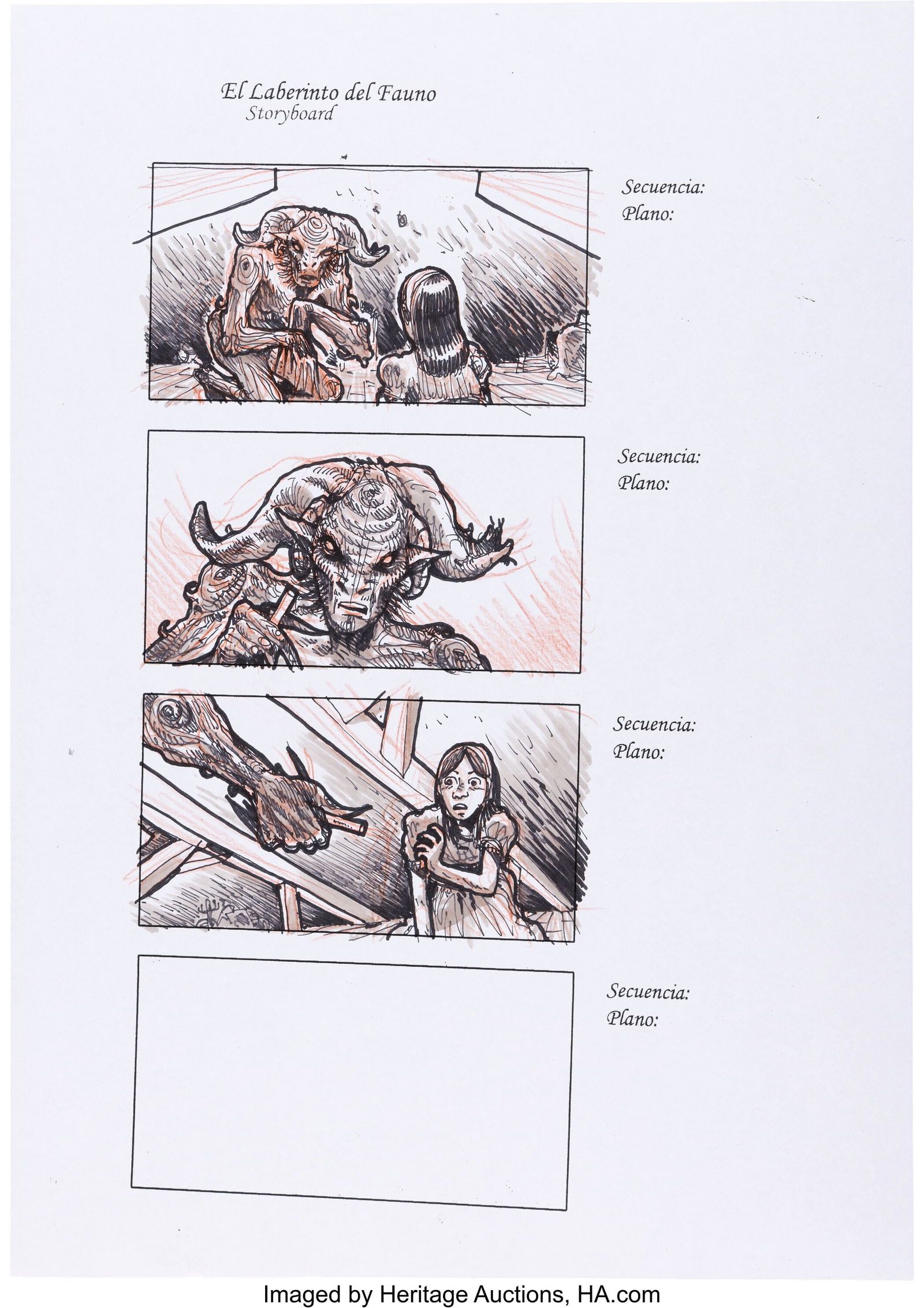 Pan's Labyrinth (Tequila Gang, 2006), (2) Pages: Pan's Labyrinth (Tequila Gang, 2006), (2) Pages of Girl and Faun & Pale Man's Lair Storyboard Original Art. These two storyboard illustrations depict separat