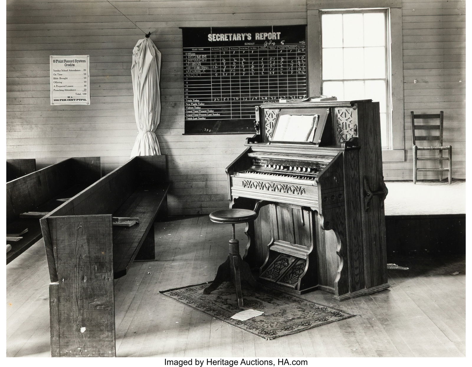 Walker Evans (American, 1903-1975) Church Organ: Walker Evans (American, 1903-1975) Church Organ with Pews, 1936 Gelatin silver, printed later 7-1/2 x 9-1/2 inches (19.1 x 24.1 cm) (im