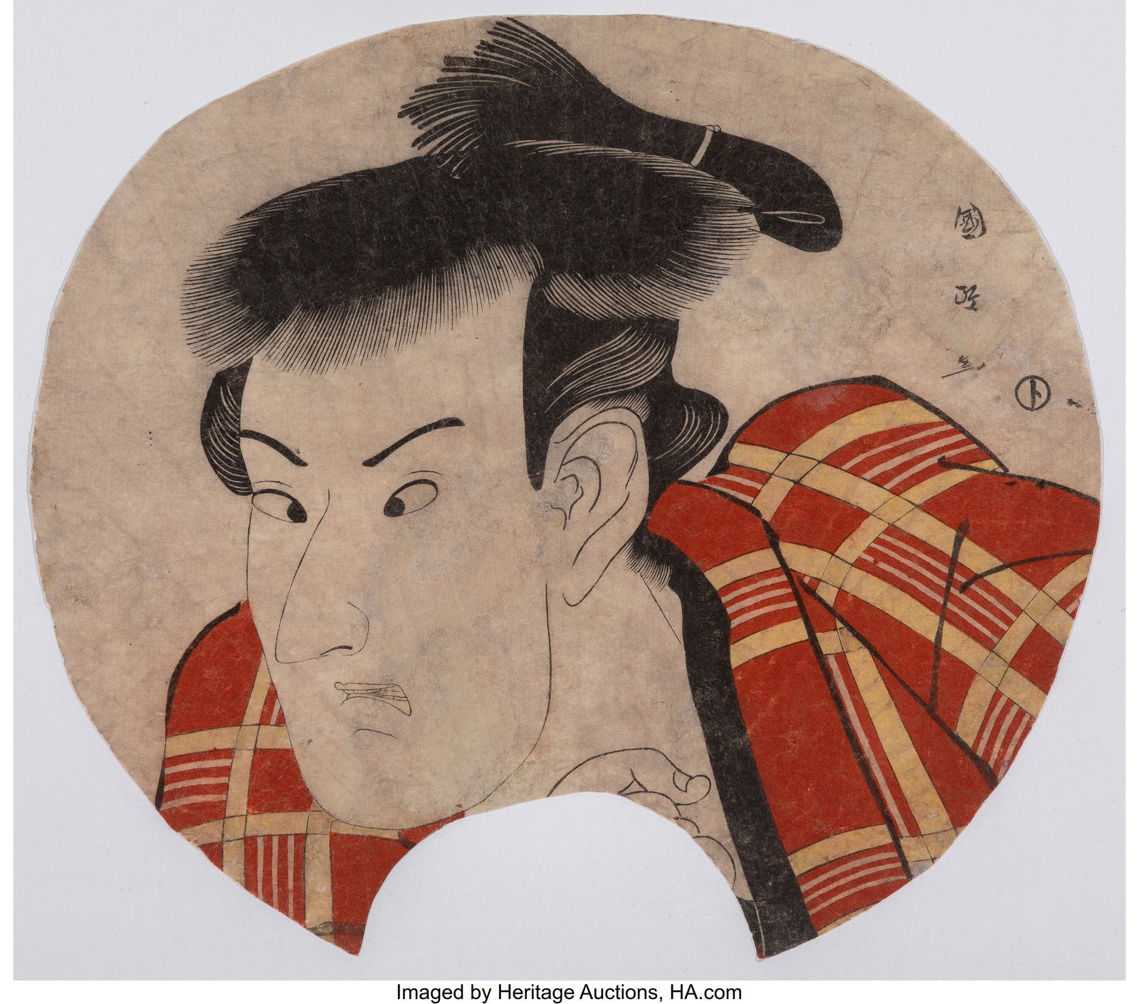 Utagawa Kunimasa (Japanese, 1773-1810) Uchiwa wi: Utagawa Kunimasa (Japanese, 1773-1810) Uchiwa with Actor, circa 1790 Woodblock print 9-1/4 x 10 inches (23.5 x 25.4 cm) (sheet) Property fro