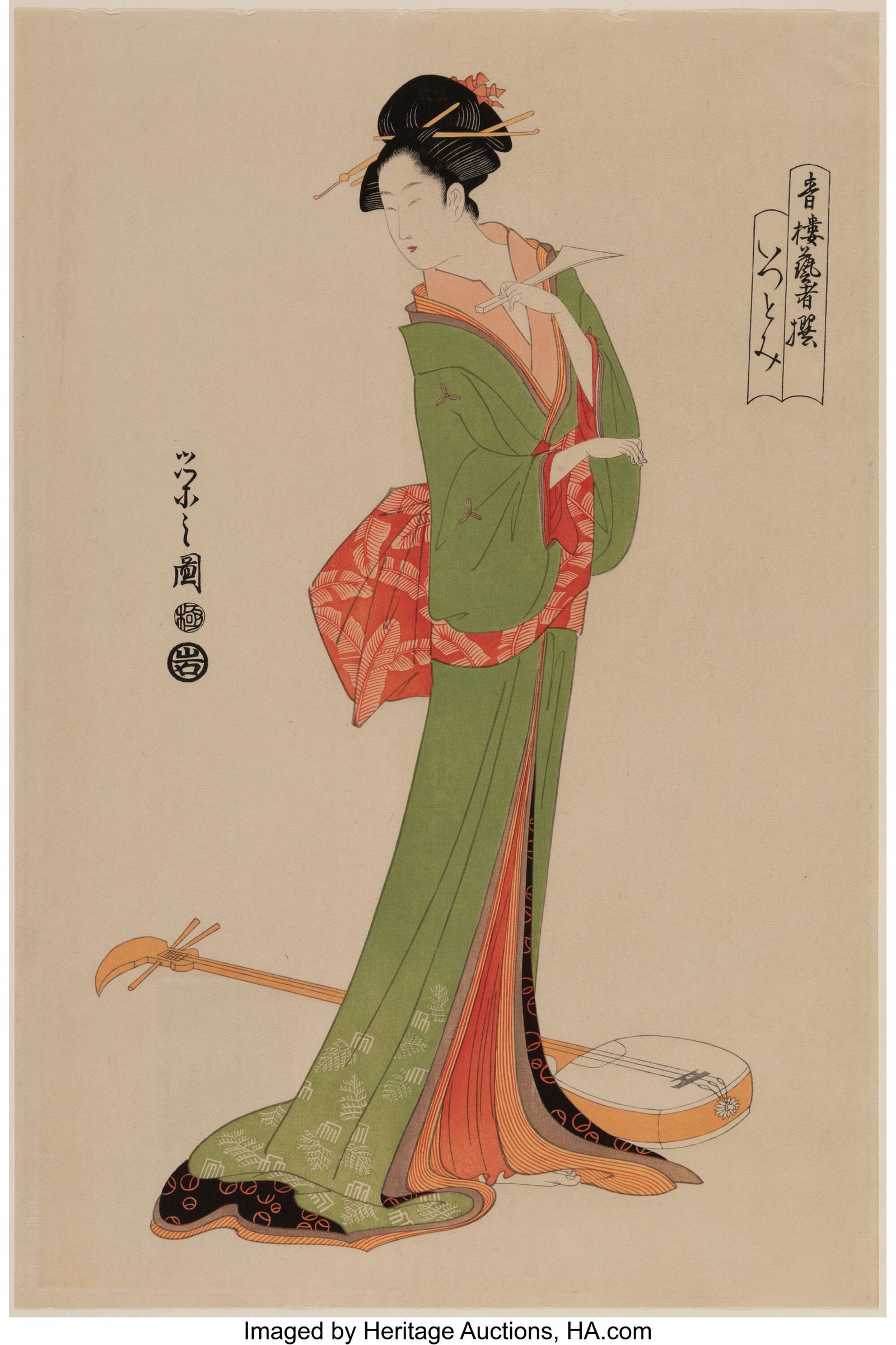 After Hosoda Eishi (Japanese, 1756-1829) Reprodu: After Hosoda Eishi (Japanese, 1756-1829) Reproduction of A Beauty and Shamisen, circa 1920 Woodblock print 15-5/8 x 10-3/8 inches (39.7 x 26.4 cm)