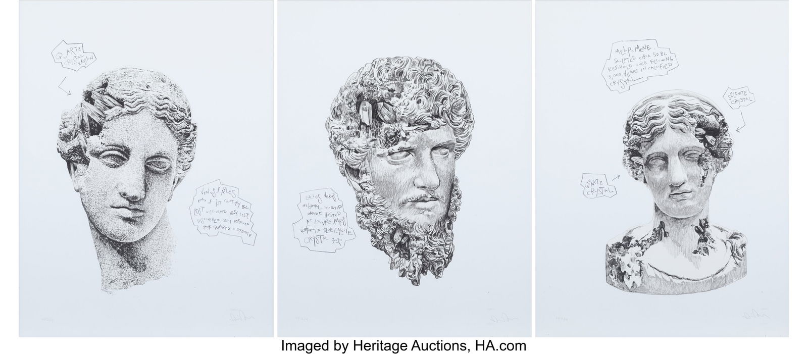 Daniel Arsham (b. 1980) Melpomene, Lucius Verus,: Daniel Arsham (b. 1980) Melpomene, Lucius Verus, and Venus of Arles, from Eroded Classical Portfolio (triptych), 2020 Screenprints in colors on Archi