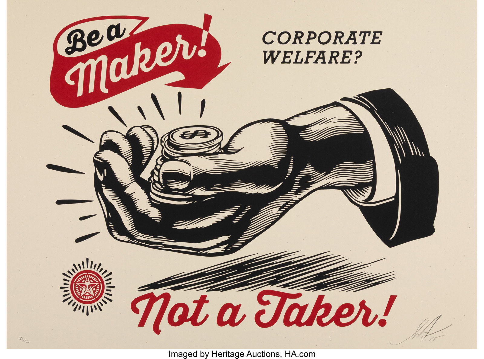 Shepard Fairey (b. 1970) Corporate Welfare, 2015: Shepard Fairey (b. 1970) Corporate Welfare, 2015 Screenprint in colors on Cream Speckletone paper 18 x 24 inches (45.7 x 61 cm) (sheet) Ed. 132