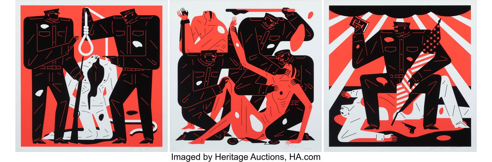 Cleon Peterson (b. 1973) Punishment Is What We W: Cleon Peterson (b. 1973) Punishment Is What We Wanted All Along; Without Law There Is No Wrong; and The Ends Justify The Means (three works), 2019 Screenprin